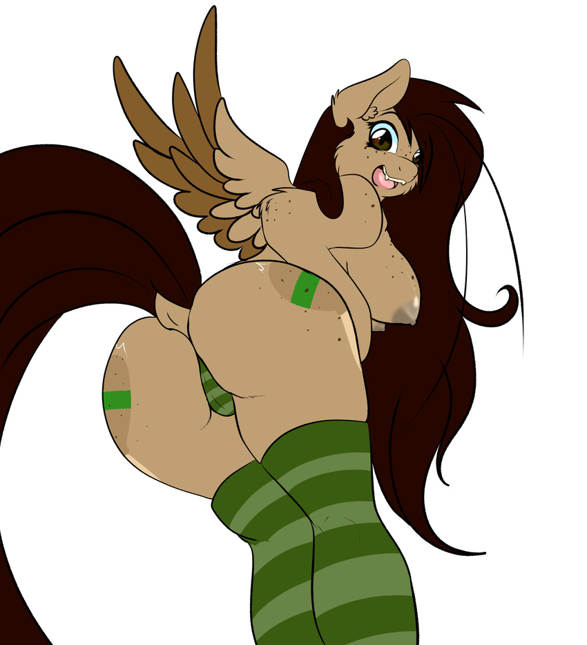 anthro big_breasts breasts brown_eyes brown_fur brown_hair camel_toe clothing cutie_mark equine fan_character feathers female freckles fur hair long_hair looking_at_viewer looking_back mammal my_little_pony nipples open_mouth panties pegasus presenting raised_tail rear_view smile socks solo theecchiqueen underwear wings