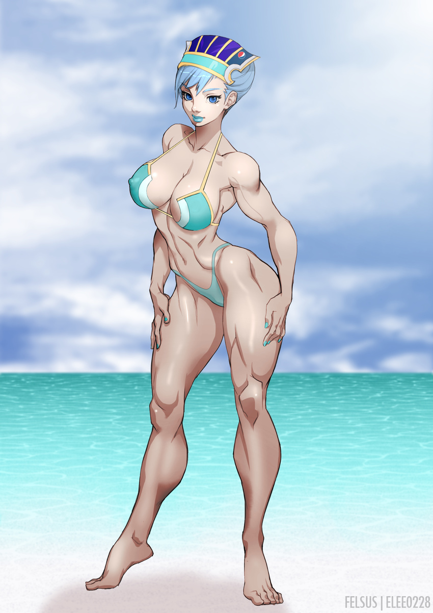 barefoot bikini blue_eyes blue_hair blue_lipstick blue_nails blue_rose_(tiger_&amp;_bunny) breasts covered_nipples felsus highres karina_lyle large_breasts lipstick makeup nail_polish revision short_hair solo swimsuit thick_thighs thighs tiger_&amp;_bunny tiptoes toned