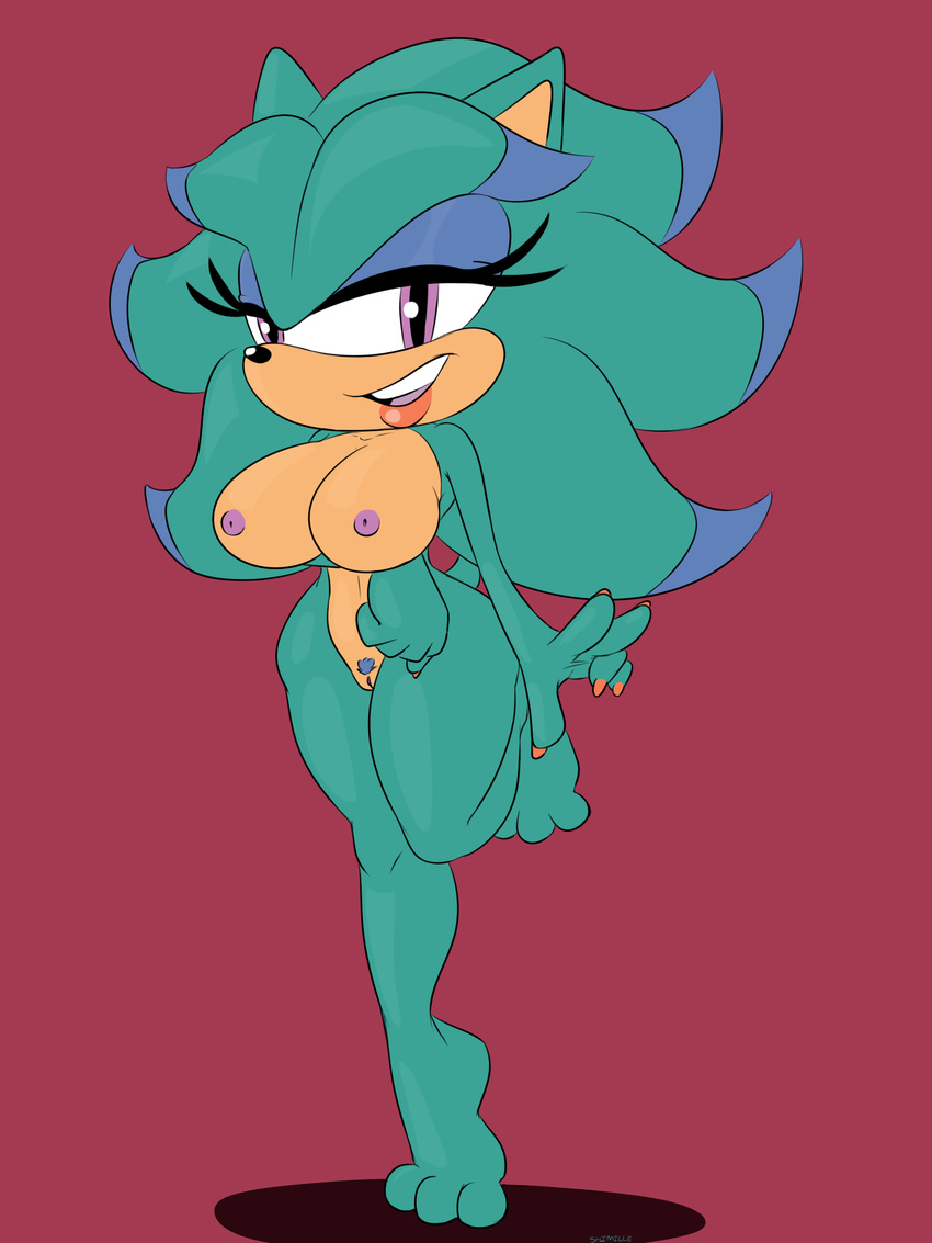 2015 anthro black_nose breasts breezie_the_hedgehog butt female freeflyspecter fur green_fur half-closed_eyes hedgehog mammal nipples nude plain_background pussy raised_leg sega smile solo sonic_(series)