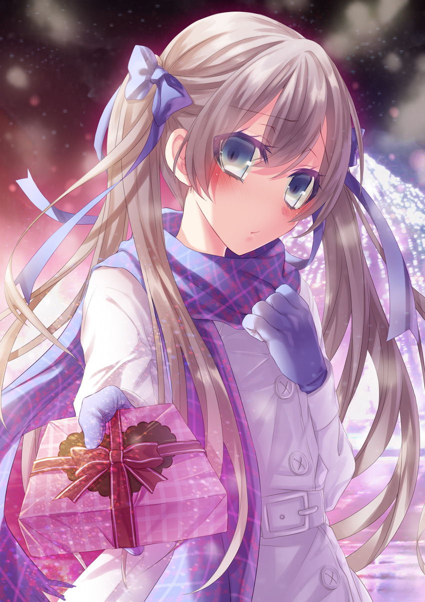 absurdres blue_eyes blush brown_hair gift gloves highres long_hair looking_at_viewer original plaid plaid_scarf purple_scarf scarf solo twintails valentine