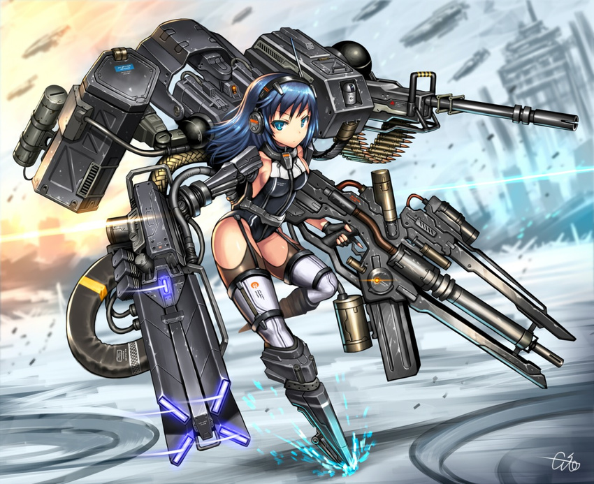 black_hair blue_eyes error garter_straps gia gun headphones leotard long_hair md5_mismatch original solo thighhighs weapon