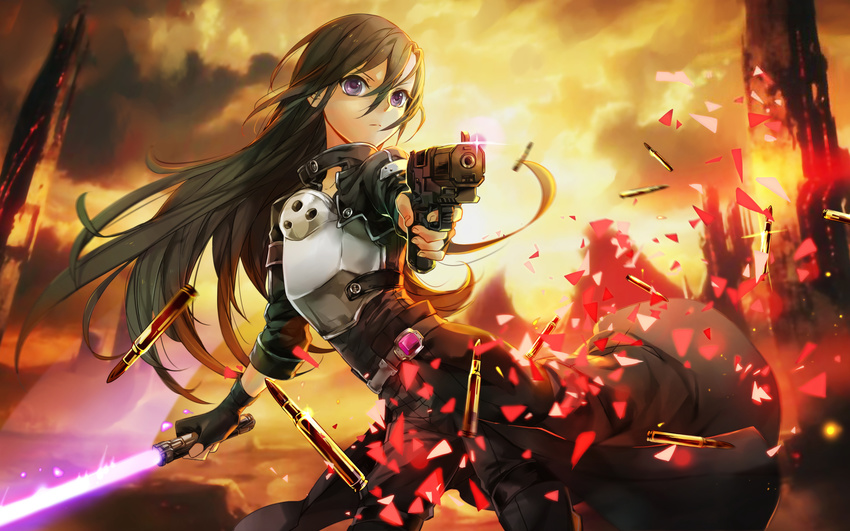 absurdres androgynous bad_id bad_pixiv_id black_hair breastplate energy_sword five-seven_(gun) gun handgun highres kirito kirito_(sao-ggo) long_hair male_focus otoko_no_ko pistol purple_eyes solo sword sword_art_online weapon wentirtongmo