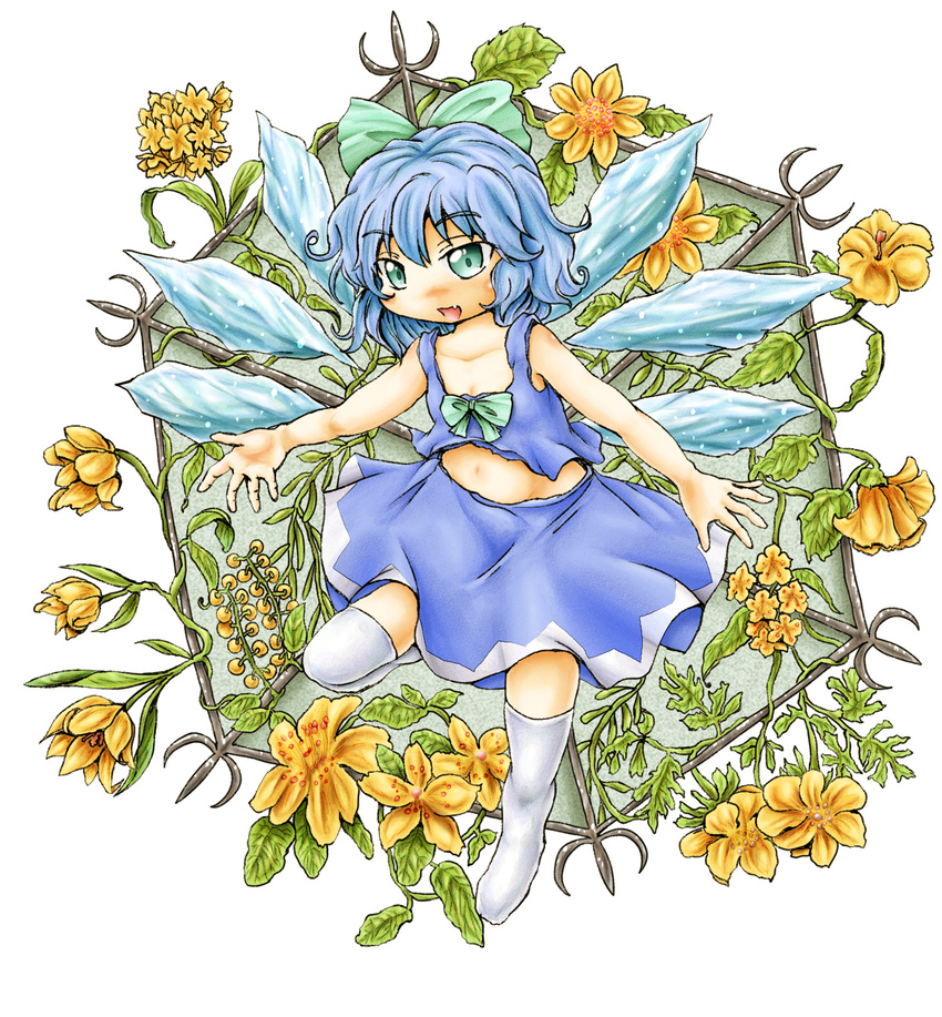 bare_arms blue_eyes blue_hair cirno eyebrows fang flower folded_leg hair_ribbon hexagon highres leaf looking_at_viewer midriff navel no_shoes open_mouth over-kneehighs plant ribbon short_hair skirt skirt_set solo thighhighs touhou trellis vines white_background white_legwear wings ys_(ytoskyoku-57)