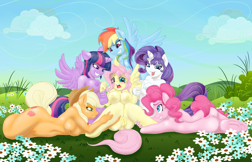 2013 anthro anthrofied anus applejack_(mlp) biting_lip blonde_hair blue_eyes blue_fur blush breasts cloud cowboy_hat cutie_mark equine female flower fluttershy_(mlp) friendship_is_magic fur green_eyes grin group hair hat horn horse leg_grab long_hair lying mammal multicolored_hair my_little_pony nature on_side orange_fur outside pegasus pink_fur pink_hair pinkie_pie_(mlp) plant pony purple_eyes purple_fur purple_hair pussy rainbow_dash_(mlp) rainbow_hair rarity_(mlp) swissleos twilight_sparkle_(mlp) unicorn white_fur winged_unicorn wings yellow_fur