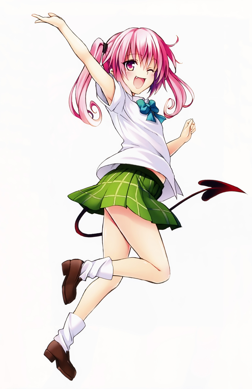 ;d absurdres arm_up fang highres long_hair nana_asta_deviluke official_art one_eye_closed open_mouth pink_eyes pink_hair school_uniform smile solo tail to_love-ru to_love-ru_darkness twintails waving yabuki_kentarou