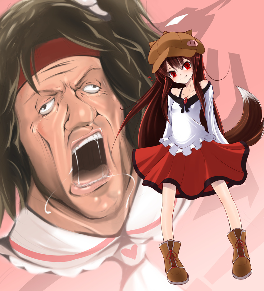 1girl animal_ears blouse blush boots breasts brooch doburoku_(daiginjou) drooling fang fang_out hat headband highres imaizumi_kagerou jewelry lazy_eye long_hair looking_at_viewer open_mouth parody pig rambo red_eyes red_hair skirt small_breasts smile sylvester_stallone tail touhou wolf_ears wolf_tail