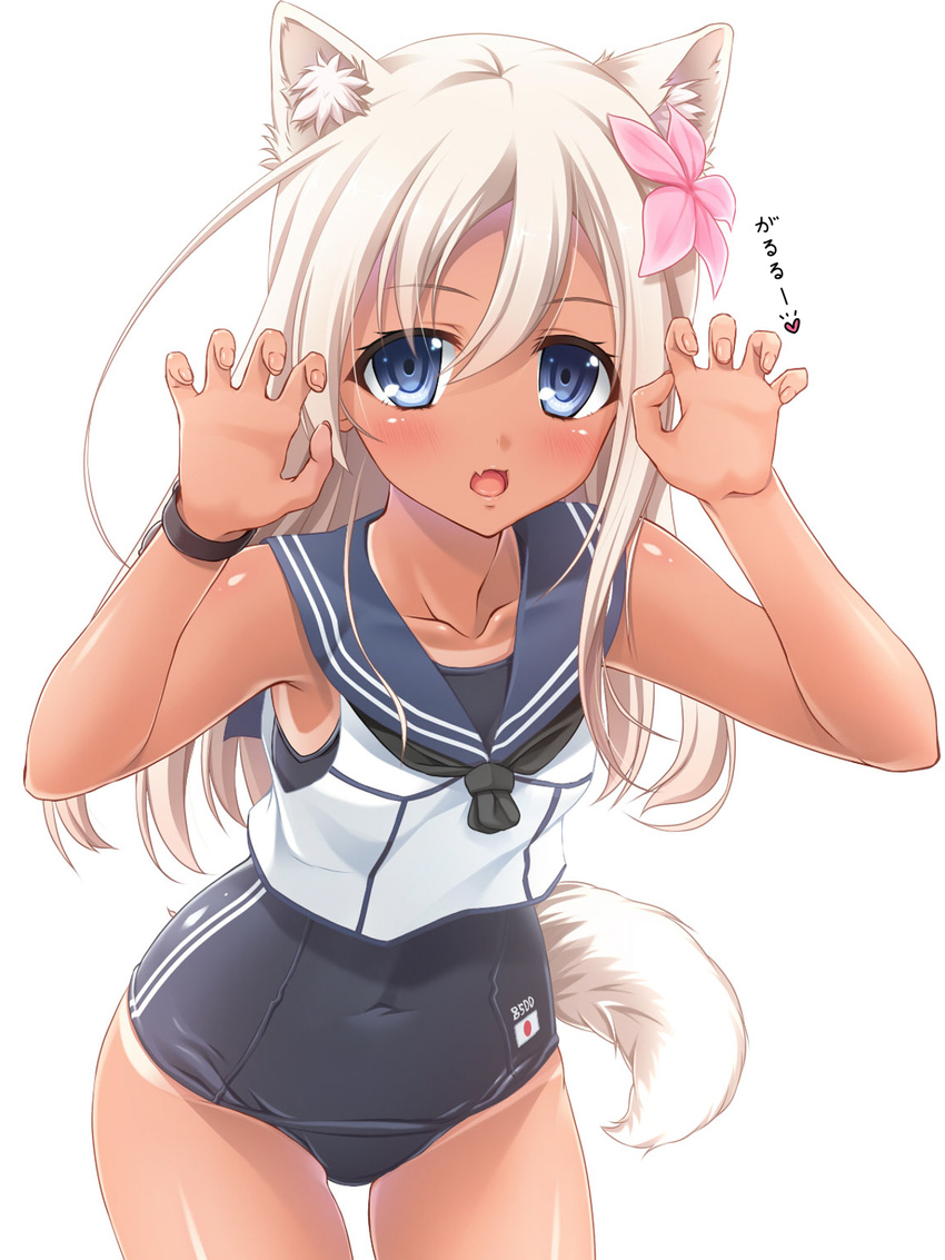 animal_ears bare_shoulders blonde_hair blue_eyes bracelet claw_pose collarbone covered_navel cowboy_shot crop_top fang flower hair_flower hair_ornament highres jewelry kantai_collection kemonomimi_mode long_hair looking_at_viewer moeki_yuuta neckerchief one-piece_swimsuit open_mouth ro-500_(kantai_collection) sailor_collar school_swimsuit simple_background solo swimsuit swimsuit_under_clothes tail tan tanline tareme white_background wolf_ears wolf_tail