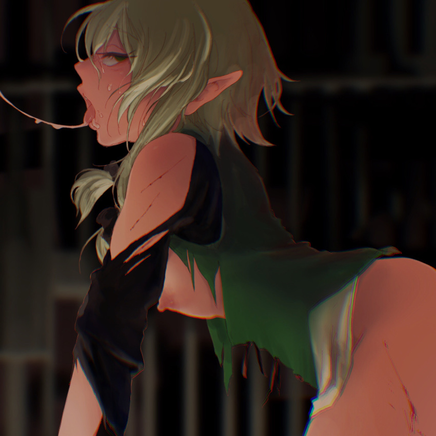 1girl after_fellatio aftersex ahegao all_fours artist_request bangs bare_shoulders bent_over blood bottomless breasts breasts_outside captured cum cum_in_mouth cum_string dungeon elf empty_eyes erect_nipples eyebrows eyebrows_visible_through_hair eyelashes facial from_side goblin_slayer! green_eyes green_hair hair_ornament hair_ribbon half-closed_eyes high_elf_archer_(goblin_slayer!) highres indoors injury kneeling long_pointy_ears looking_at_viewer nipples open_mouth pointy_ears rape ribbon rolling_eyes scrape scratches short_hair short_hair_with_long_locks sideboob sidelocks small_breasts solo tongue tongue_out torn_clothes upper_teeth wounded