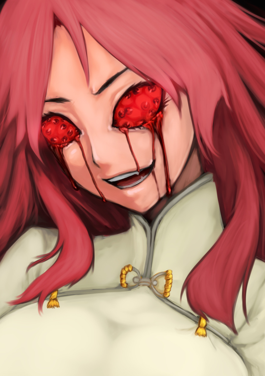 blood bloody_tears breasts compound_eyes highres horror_(theme) large_breasts long_hair ootori_kanae_(soukou_akki_muramasa) open_mouth pink_hair red_eyes smile solo soukou_akki_muramasa suzuki_(pixiv1277943) very_long_hair