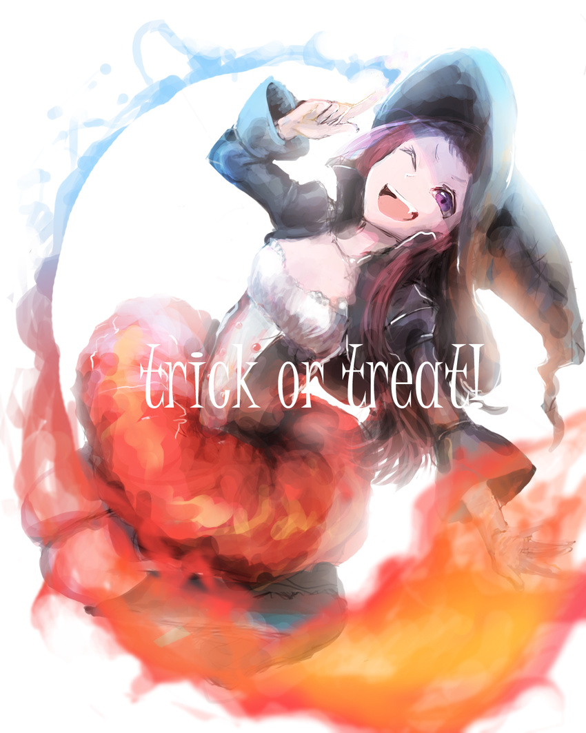 ;d fire hagihara_noia halloween hat high_collar highres idolmaster idolmaster_cinderella_girls jacket koseki_reina one_eye_closed open_mouth pointing pointing_up purple_eyes red_hair skirt smile solo trick_or_treat witch witch_hat