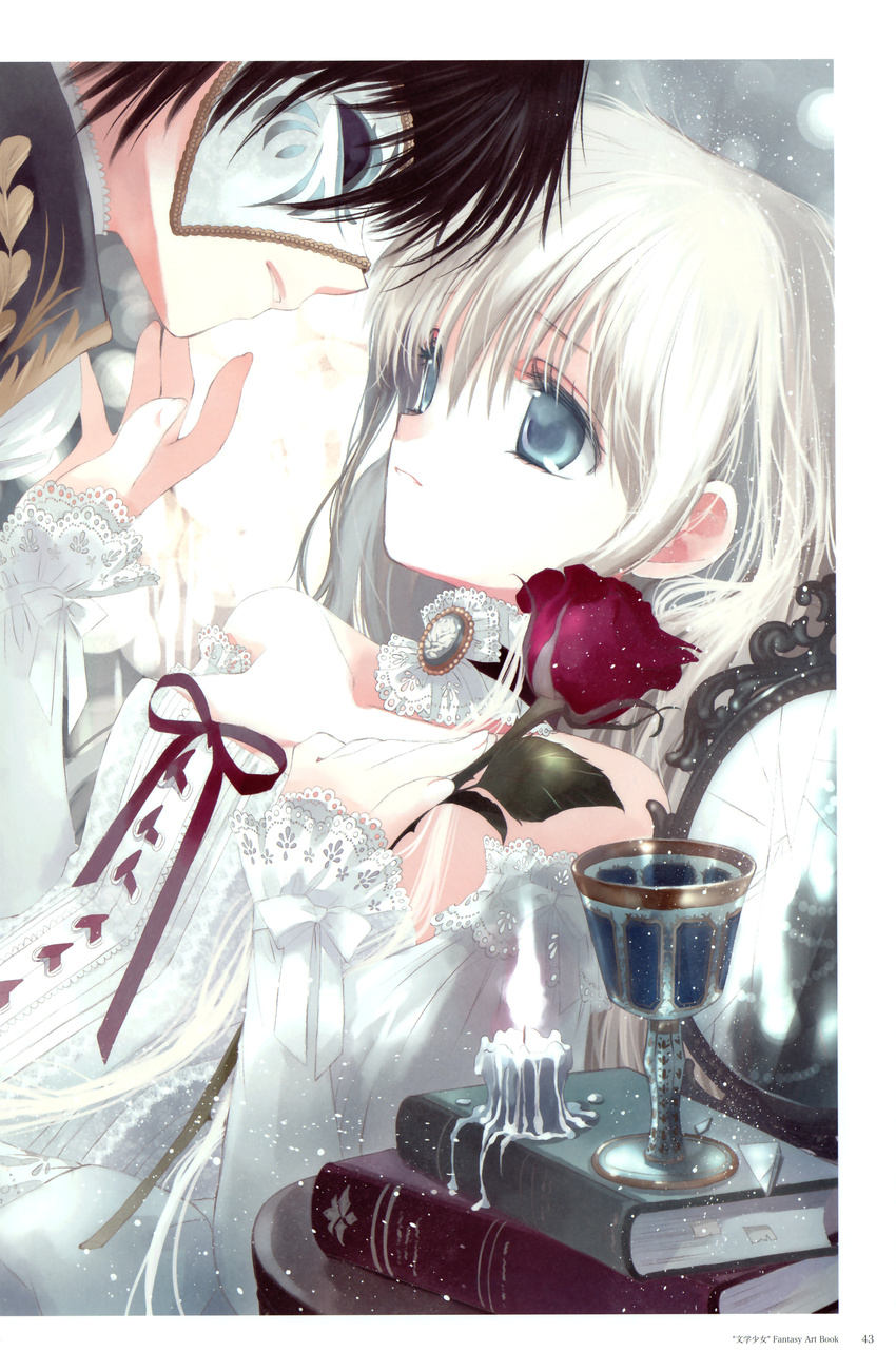 1girl absurdres amano_tooko bare_shoulders black_hair blue_eyes book bungaku_shoujo candle choker cup detached_sleeves dress flower hato_rami highres inoue_konoha long_hair mask neck_ribbon ribbon rose short_hair wax