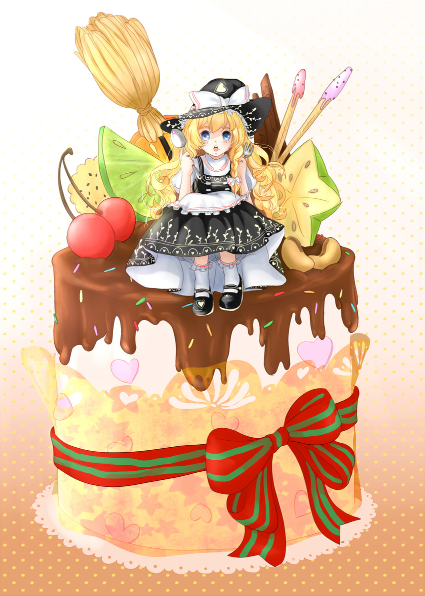 absurdres bad_id bad_pixiv_id blonde_hair blue_eyes bow braid broom cake cherry food fruit hair_bow hair_ribbon hat highres kirisame_marisa long_hair looking_at_viewer mame_(yangqi787) mary_janes minigirl open_mouth ribbon shoes single_braid sitting solo touhou witch_hat