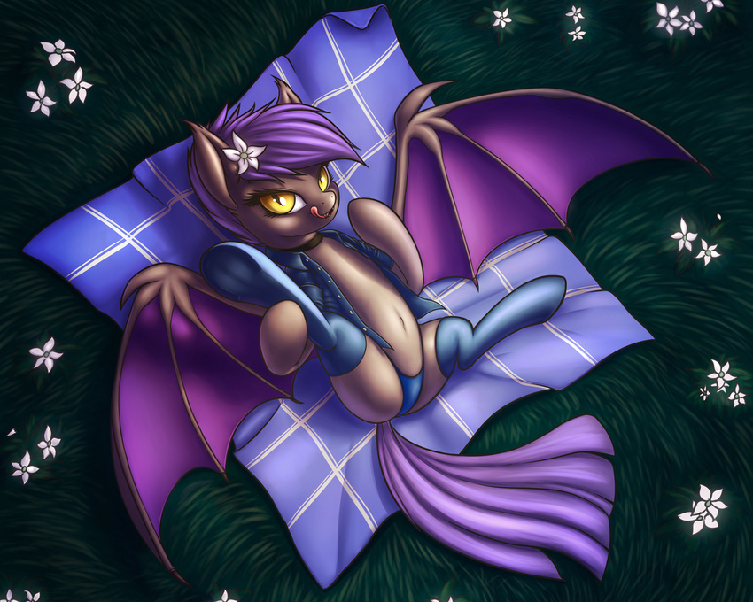 2015 bat_pony blanket clothing equine fan_character female feral flower friendship_is_magic fshydale hair legwear looking_at_viewer lying mammal membranous_wings my_little_pony on_back outside panties plant smile solo spread_legs spreading stockings tongue tongue_out underwear wings yellow_eyes