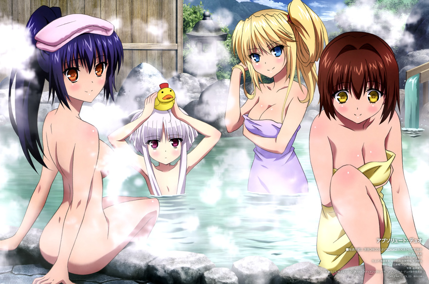 absolute_duo absurdres blonde_hair blue_hair blush breasts brown_eyes brown_hair cleavage convenient_censoring covering flat_chest girls_mate highres hotaka_miyabi legs lilith_bristol looking_back multiple_girls naked_towel non-web_source nude official_art pink_eyes pink_towel ponytail purple_towel silver_hair sky smile tachibana_tomoe_(absolute_duo) towel towel_on_head yellow_eyes yellow_towel yurie_sigtuna