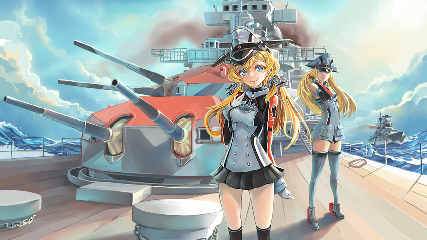 adjusting_hair battleship bismarck bismarck_(kantai_collection) blonde_hair blue_eyes cannon cruiser gloves hat highres kantai_collection long_hair looking_at_viewer military military_uniform military_vehicle multiple_girls ocean peaked_cap prinz_eugen prinz_eugen_(kantai_collection) ship sima_naoteng skirt smile standing thighhighs twintails uniform warship watercraft wooden_deck