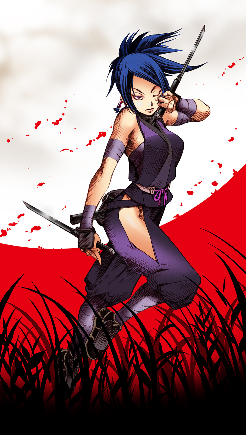 ayame_(tenchu) bandages bare_shoulders blue_hair breasts dual_wielding ekiara_otome fanny_pack fingerless_gloves full_moon gloves glowing glowing_eye highres hip_vent holding japanese_clothes long_hair medium_breasts moon ninja no_panties ponytail red_eyes red_sky reverse_grip sandals sarashi short_sword sideboob sky solo sword tenchuu weapon