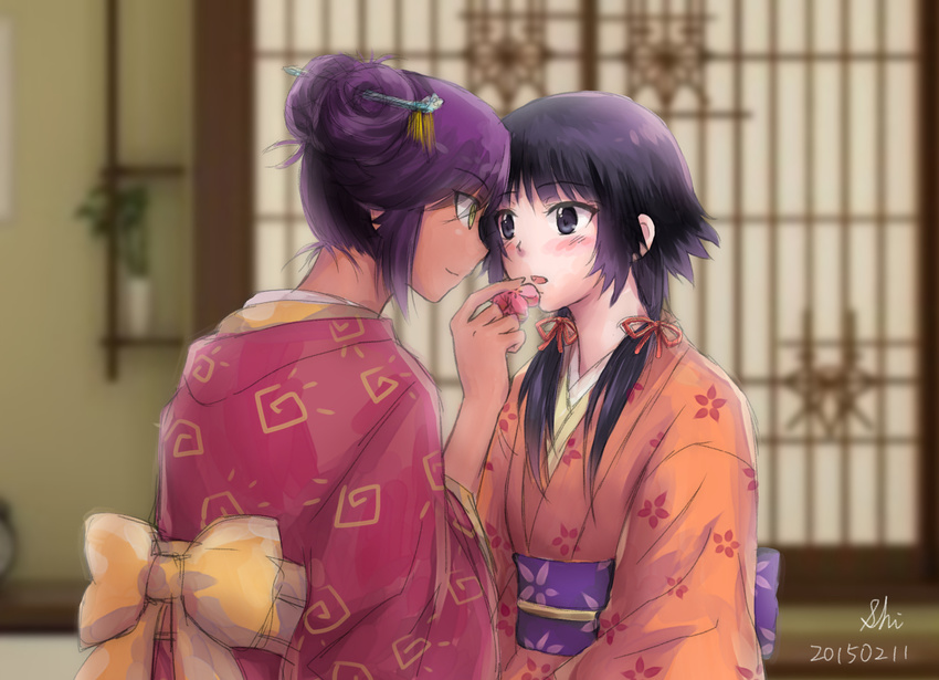2girls bleach blush commentary_request dated feeding hair_ornament hair_ribbon hair_stick indoors japanese_clothes kimono low_twintails multiple_girls obi ribbon sash shihouin_yoruichi shizuhime short_hair signature sliding_doors smile sui-feng twintails yuri