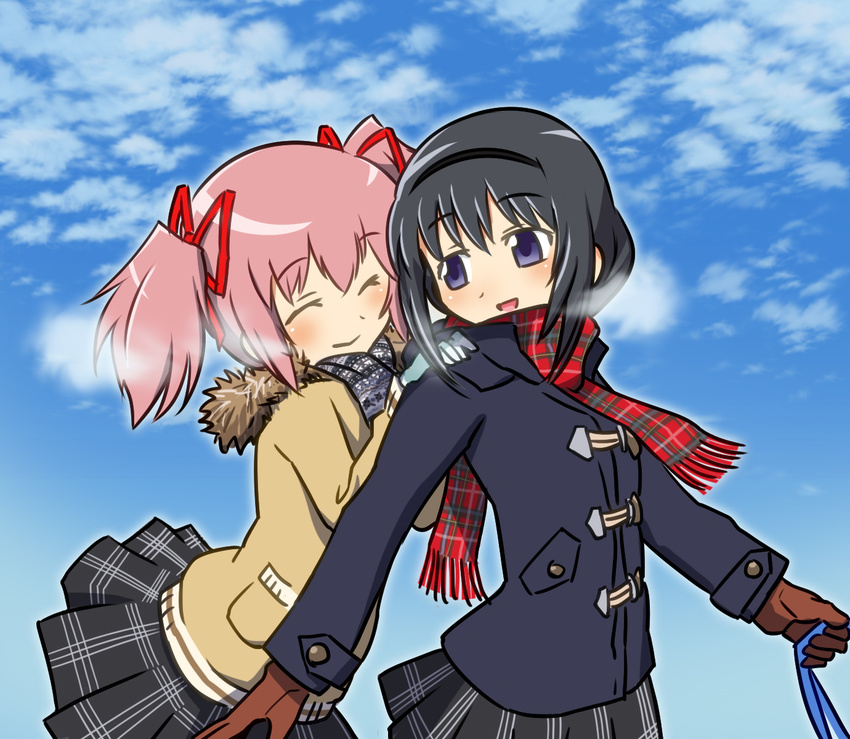 :d akemi_homura black_hair black_hairband closed_eyes coat gloves hair_ribbon hairband hands_on_another's_shoulders highres kaname_madoka long_hair looking_at_another looking_back mahou_shoujo_madoka_magica multiple_girls open_mouth pink_hair purple_eyes ribbon sat-c scarf short_hair short_twintails skirt smile twintails