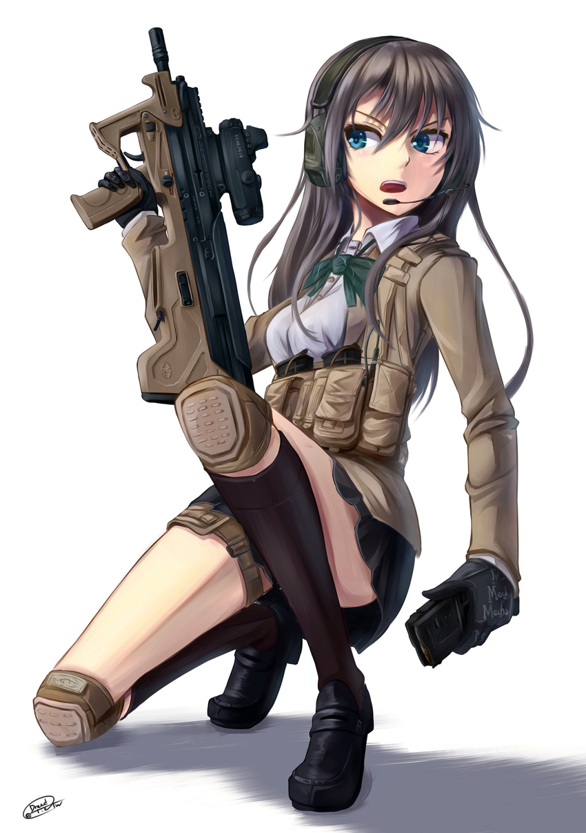 assault_rifle black_hair blue_eyes bullpup dreadtie gloves gun headset highres holding holding_gun holding_weapon knee_pads kneehighs long_hair looking_to_the_side magazine_(weapon) one_knee open_mouth original rifle school_uniform scope skirt solo thigh_strap trigger_discipline weapon