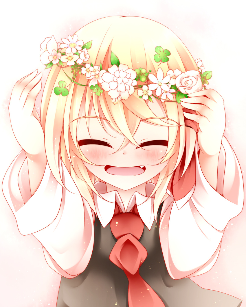 ascot blonde_hair closed_eyes fang_out hair_ribbon happy head_wreath highres kuroyume_(dark495) long_sleeves ribbon rumia simple_background smile solo touhou vest