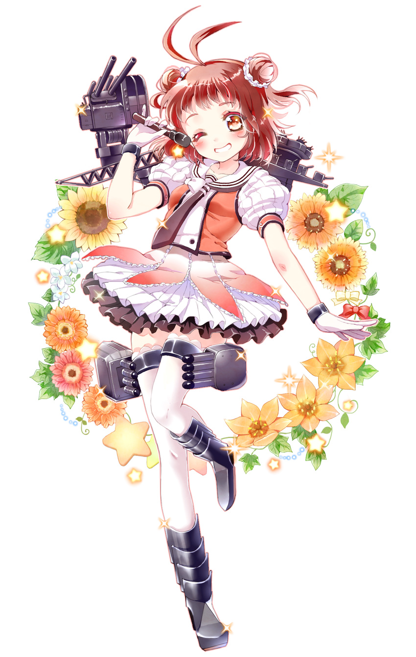 brown_hair double_bun dress flower gloves grin highres kantai_collection microphone naka_(kantai_collection) one_eye_closed piano_(mymel0v) short_hair smile turret uniform