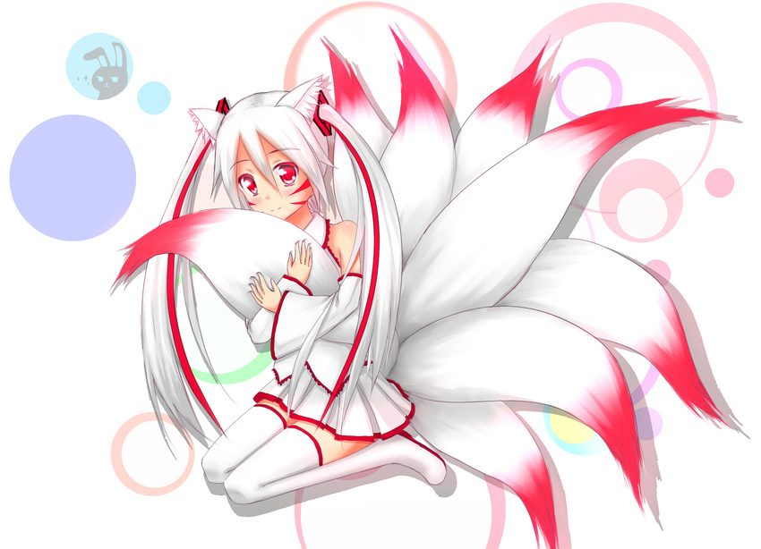 animal_ears beta_x detached_sleeves facial_mark fox_ears fox_tail hair_ornament hatsune_miku highres kemonomimi_mode long_hair looking_at_viewer multicolored_hair multiple_tails pleated_skirt red_eyes sitting skirt smile solo tail tail_hug thighhighs twintails two-tone_hair vocaloid wariza white_hair white_legwear zettai_ryouiki