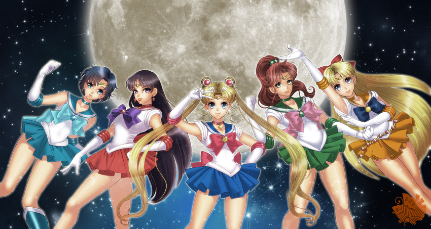 aino_minako bad_id bad_pixiv_id bangs bishoujo_senshi_sailor_moon black_hair blonde_hair blue_bow blue_choker blue_hair blue_sailor_collar blue_skirt bow brown_hair choker circlet clenched_hand earrings elbow_gloves full_moon gloves green_choker green_sailor_collar green_skirt hair_bobbles hair_ornament high_ponytail highres hino_rei inner_senshi jewelry kino_makoto long_hair mizuno_ami moon multiple_girls orange_choker orange_sailor_collar orange_skirt parted_bangs pearl pink_bow pleated_skirt pose purple_bow red_bow red_choker red_sailor_collar red_skirt sailor_collar sailor_jupiter sailor_mars sailor_mercury sailor_moon sailor_senshi sailor_senshi_uniform sailor_venus short_hair skirt star star_earrings tsukino_usagi twintails v very_long_hair white_gloves xuexue_yue_hua