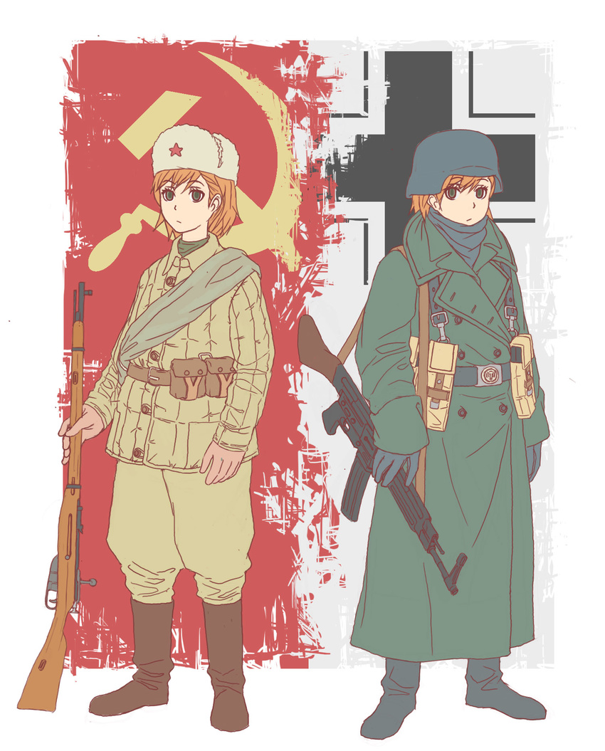 2girls boots coat cross double-breasted earflap_hat expressionless fur_hat green_eyes hammer_and_sickle hat helmet highres military military_uniform misaka_mikoto mosin_nagant multiple_girls orange_hair pouch standing stg44 to_aru_majutsu_no_index uniform ushanka weapon