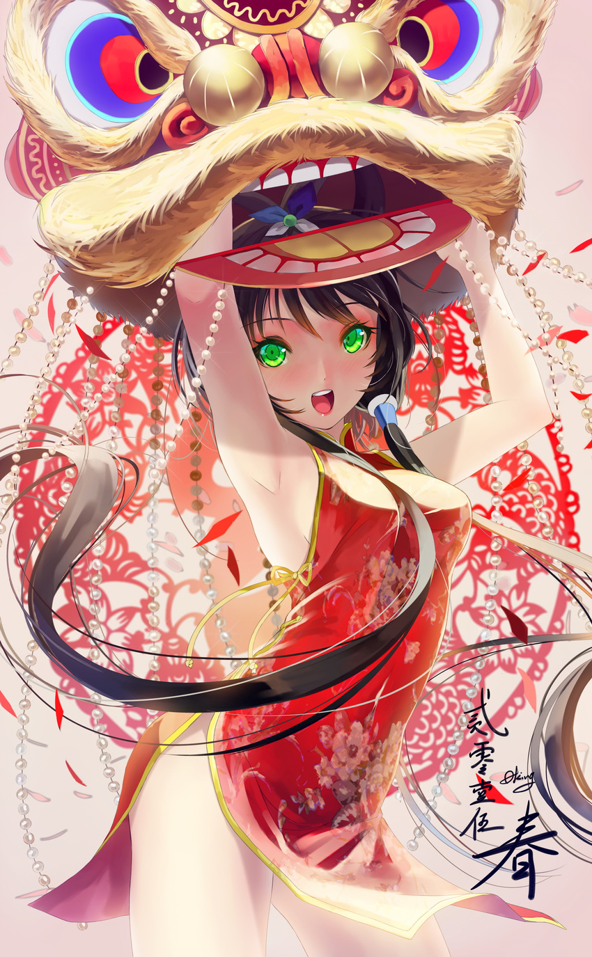:d absurdres armpits arms_up black_hair china_dress chinese_clothes chinese_new_year dress green_eyes hairband highres long_hair looking_at_viewer low_twintails luo_tianyi okingjo open_mouth side_slit smile solo twintails very_long_hair vocaloid vocanese