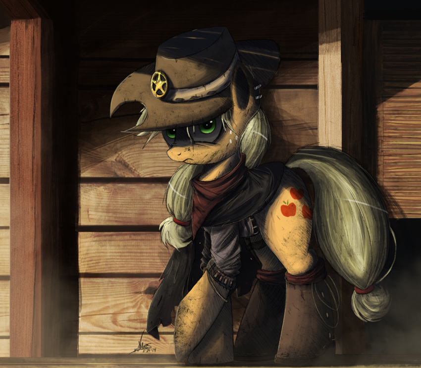 2014 applejack_(mlp) badge bandanna bandolier blonde_hair boots clothing cowboy_hat cowboy_outfit cutie_mark dirty duster_coat equine female freckles friendship_is_magic green_eyes hair hat holes horse looking_at_viewer mammal mask my_little_pony ncmares piercing pony rope sheriff sheriff_badge solo stetson