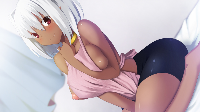 1girl apron areolae artist_request bare_shoulders bike_shorts blush breast_hold breasts character_request dark_skin female game_cg large_breasts looking_at_viewer nipples pointy_ears red_eyes short_hair silver_hair sitting skylader smile solo source_request