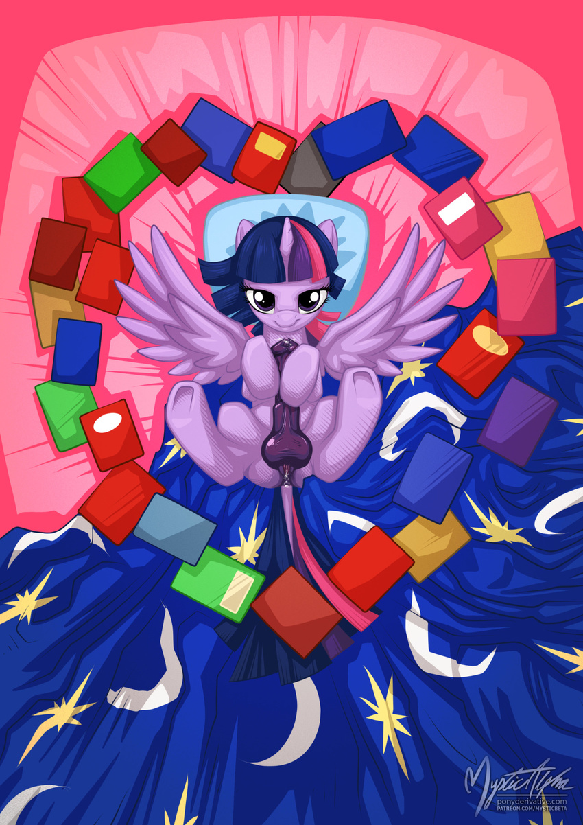 &lt;3 balls bed bedroom_eyes book equine feathers friendship_is_magic fur hair herm hooves horn inside intersex long_hair looking_at_viewer lying mammal my_little_pony mysticalpha on_back penis pillow presenting purple_eyes purple_fur purple_hair pussy pussy_juice smile solo twilight_sparkle_(mlp) two_tone_hair winged_unicorn wings