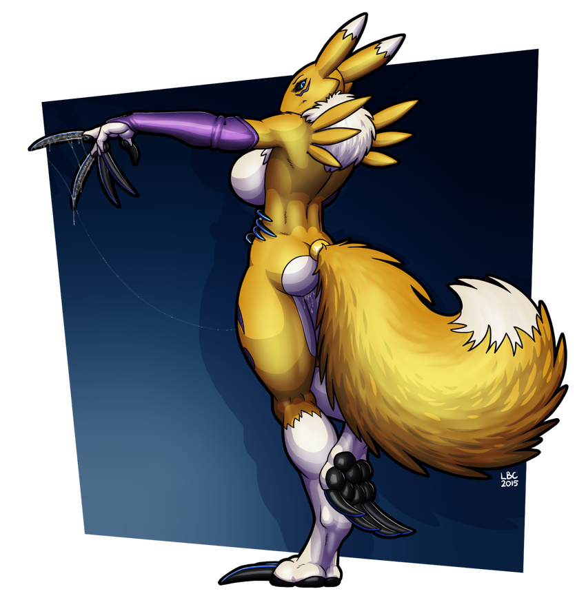 anthro bandai breasts claws digimon female invalid_tag long_claws longblueclaw looking_at_viewer renamon sidebreast solo tail_ring