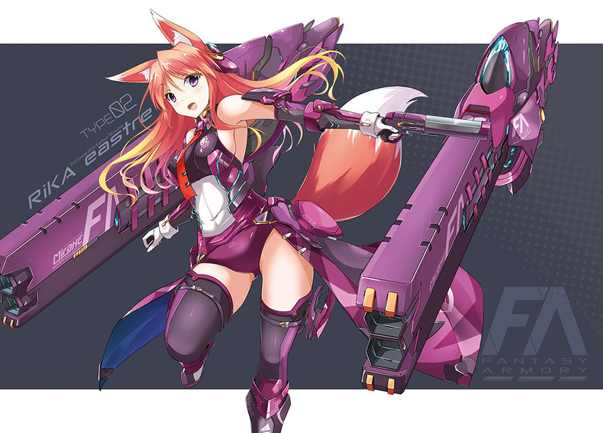 :d animal_ears black_legwear bodysuit breasts brown_hair cannon character_name detached_sleeves fatkewell fox_ears fox_tail gloves gradient_hair grey_background gun handgun leotard long_hair mecha_musume medium_breasts multicolored_hair necktie open_mouth original pistol purple_eyes red_neckwear rika_eastre sideboob smile tail thighhighs weapon