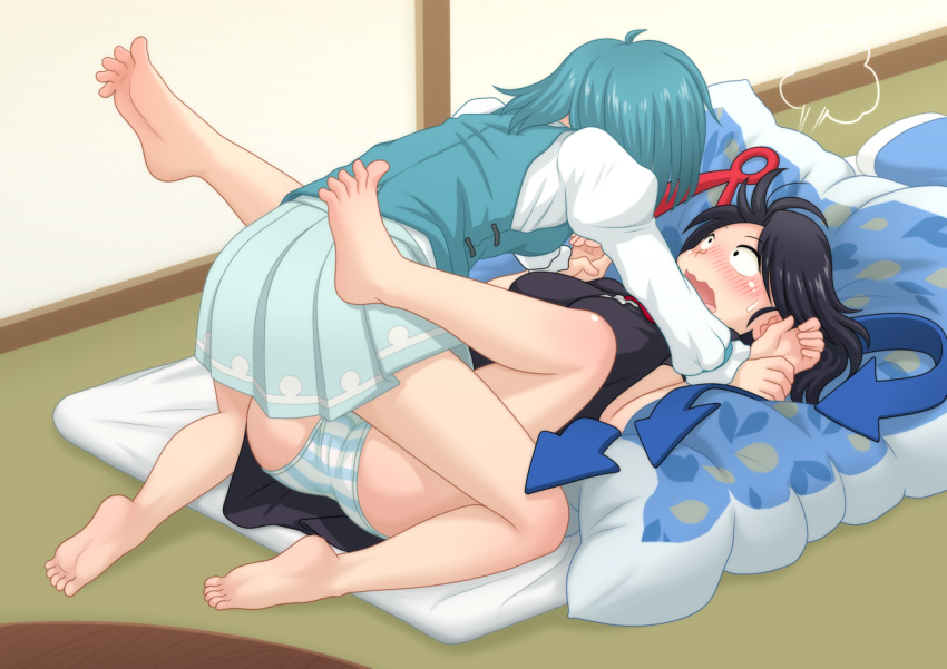 2girls =3 all_fours aqua_hair aqua_skirt aqua_vest ass asymmetrical_wings bare_legs barefoot black_dress black_hair blue_wings cameltoe commentary_request constricted_pupils dress feet feet_up futon girl_on_top houjuu_nue indoors iromeki_overdrive juliet_sleeves long_sleeves looking_at_another lying medium_hair multiple_girls nose on_back open_mouth panties pillow puffy_sleeves red_wings shirt short_dress short_sleeves skirt soles spread_legs striped striped_panties sweat tatami tatara_kogasa toes touhou underwear vest wavy_mouth white_shirt wide-eyed wings wrist_grab yuri