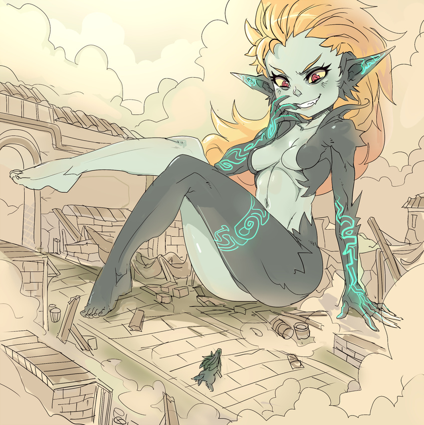 barefoot black_skin breasts destruction giantess grin highres imp link link_(wolf) long_legs maniacpaint midna multicolored multicolored_skin neon_trim no_headwear no_helmet orange_hair pointy_ears red_eyes sitting small_breasts smile the_legend_of_zelda the_legend_of_zelda:_twilight_princess two-tone_skin white_skin yellow_sclera