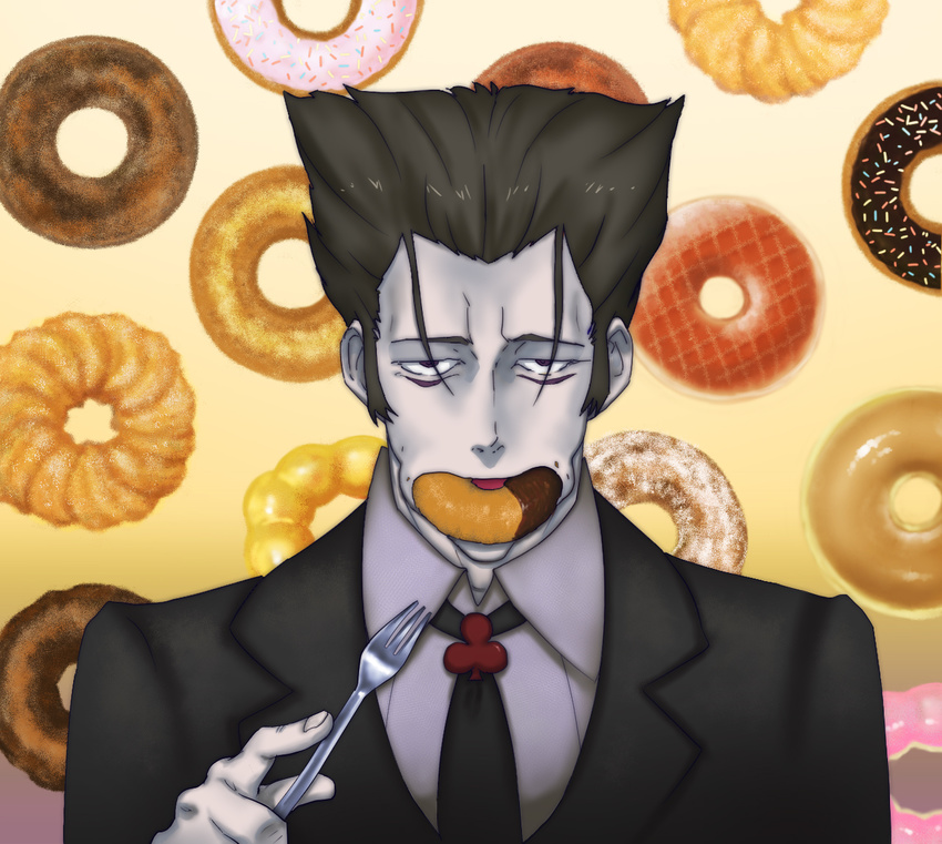 bakemonogatari black_eyes black_hair doughnut food fork formal kaiki_deishuu male_focus monogatari_(series) necktie nisemonogatari pale_skin short_hair suit watanabe_matazou