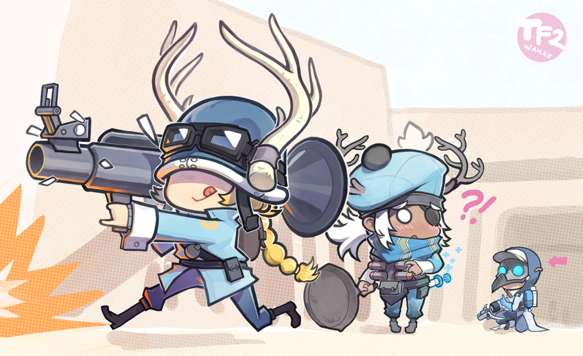 1boy 2girls antlers artist_name baseball_cap blonde_hair blue_eyes blue_gloves blue_hat blush boots bow_(weapon) braid commentary copyright_name covered_eyes crossbow dark_skin directional_arrow explosion explosive eyepatch frying_pan genderswap genderswap_(mtf) gloves glowing glowing_eyes goggles goggles_on_headwear grenade hat helmet helmet_over_eyes holding holding_weapon hood hoodie long_hair mask multiple_girls o_o one_knee pigeon-toed plague_doctor_mask rocket_launcher running scarf syringe tam_o'shanter team_fortress_2 the_demoman the_medic the_soldier thumbs_up tongue wahae war_pig watch weapon white_hair white_hat wrist_cuffs