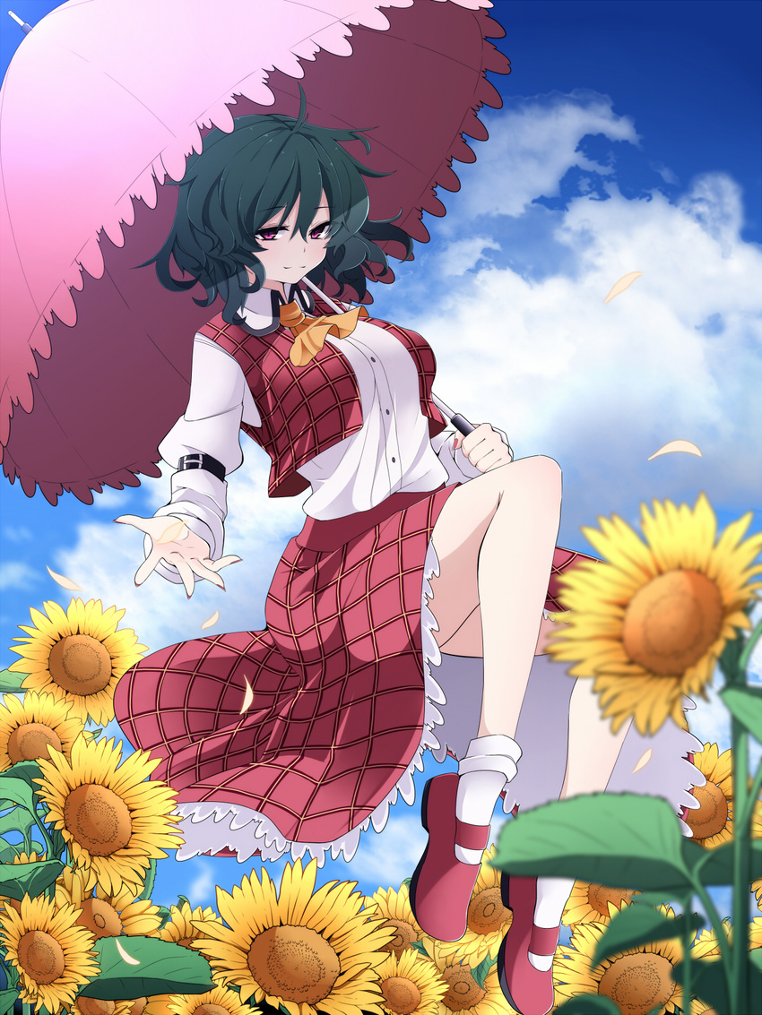 ascot blue_sky breasts cloud day field flower flower_field green_hair highres kazami_yuuka large_breasts long_sleeves md5_mismatch open_clothes open_vest parasol petals red_eyes rihito_(usazukin) shirt skirt sky solo sunflower touhou umbrella vest