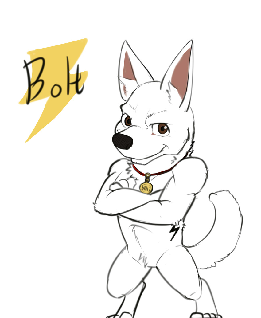 &lt;3 2015 anthro anthrofied bolt bolt_(film) brown_eyes canine caricature collar disney dog erect_ears feral fur german_shepherd heroic heroic_pose invalid_tag lightning_bolt male mammal plain_background pose smile solo tattoo text