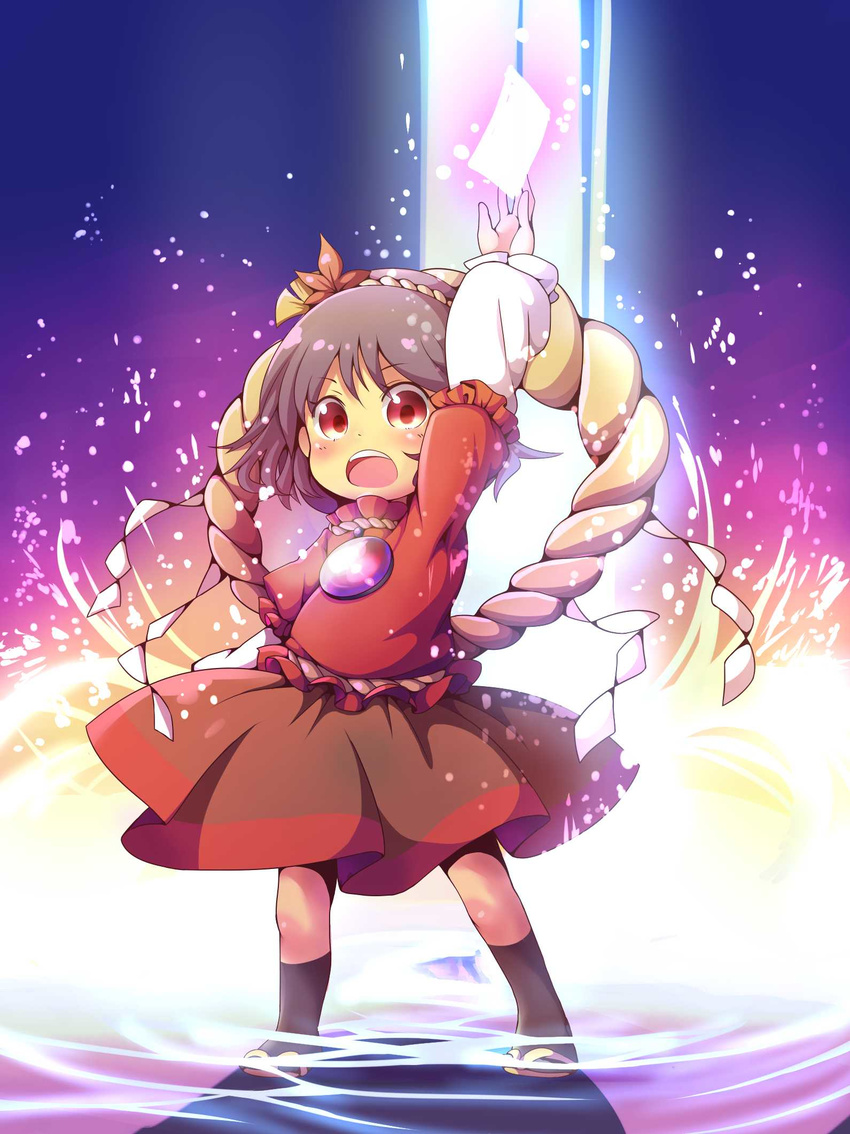 autumn_leaves blush card floating_card glowing highres kneehighs light_beam light_particles long_sleeves looking_at_viewer magic mirror open_mouth puffy_short_sleeves puffy_sleeves purple_hair red_eyes rope sandals shimenawa short_hair short_over_long_sleeves short_sleeves skirt solo spell_card standing tatuhiro teeth tongue touhou wading water yasaka_kanako younger