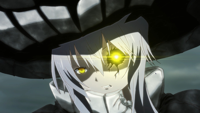 clenched_teeth crack cracked_skin glowing glowing_eye hat highres injury kantai_collection long_hair screencap shinkaisei-kan sidelocks silver_hair solo spoilers teeth white_skin wo-class_aircraft_carrier yellow_eyes