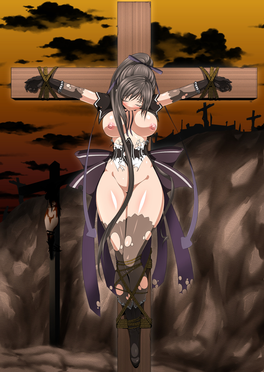 bdsm black_hair blush bondage bound breasts closed_eyes crucifixion hair_censor highres huge_breasts long_hair maxima_enfield multiple_girls nipples ponytail shining_(series) shining_hearts solo_focus tom-supaiku torn_clothes