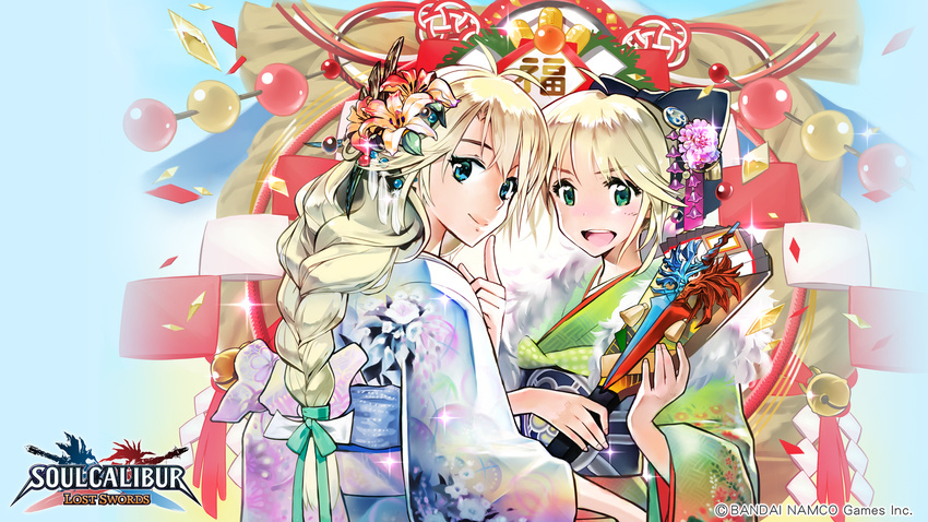 2girls blonde_hair blue_eyes braid cassandra_alexandra copyright_name green_eyes logo long_hair multiple_girls official_art sisters smile sophitia_alexandra soul_calibur soulcalibur:_lost_swords yukata