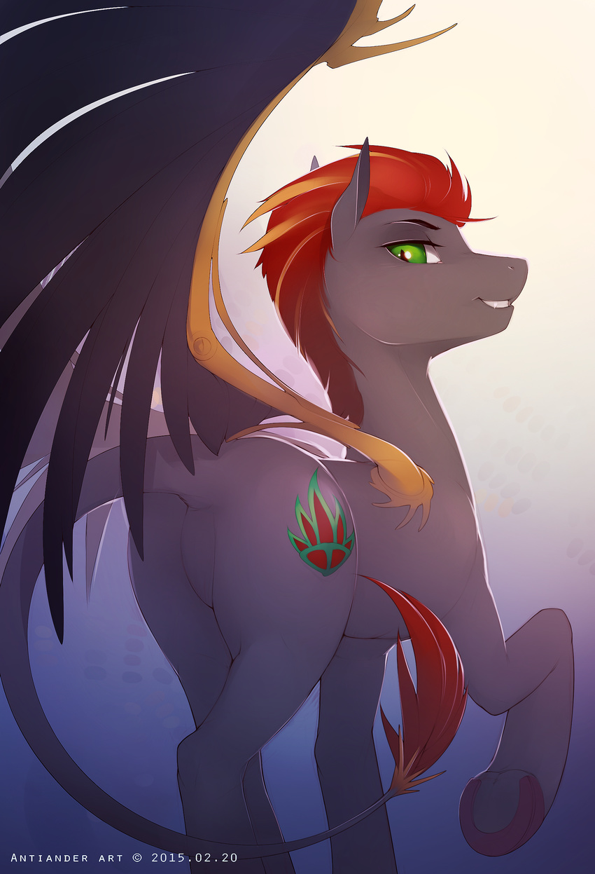 2015 antiander blonde_hair cutie_mark equine fan_character fangs feral fur grey_fur hair hi_res hooves horse looking_at_viewer looking_back male mammal my_little_pony pony red_hair short_hair smile solo standing teeth wings