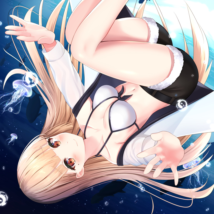1girl absurdres air_bubble animal bangs bare_legs belt black_shorts blonde_hair blunt_bangs blush breasts bubble cleavage closed_mouth collarbone commentary_request day eyebrows_visible_through_hair fish freediving highres jacket jellyfish long_hair long_sleeves looking_at_viewer medium_breasts mole mole_under_eye nari_(narikashi) navel ocean orange_eyes original outdoors outstretched_arms short_shorts shorts silhouette smile solo stomach thighs underwater upside-down very_long_hair white_bikini_top white_jacket