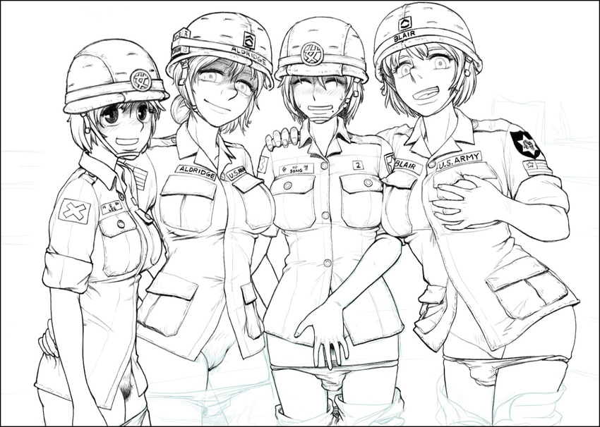 4girls blush breast_grab breasts combined_training_exercise eyes_closed female_soldier gogocherry grabbing looking_at_viewer multiple_girls open_mouth panties panty_pull pubic_hair sex_slave short_hair smile standing uncensored underwear uniform