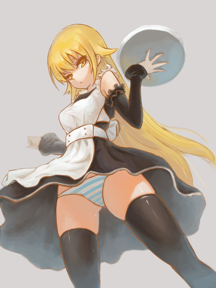 apron ashikaga_chachamaru black_legwear blonde_hair blush hcho highres long_hair maid maid_apron panties solo soukou_akki_muramasa striped striped_panties thighhighs tray underwear very_long_hair yellow_eyes