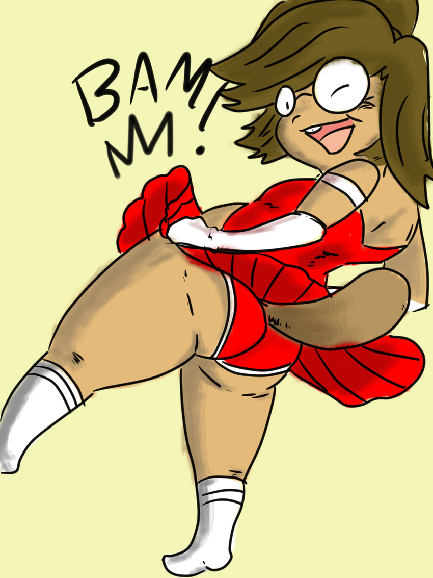 beaver big_butt brown_hair butt cartoon_network clothing eileen english_text eyewear female glasses hair looking_at_viewer looking_back mammal one_eye_closed panties regular_show rodent skirt socks solo text thick_thighs underwear vono wink