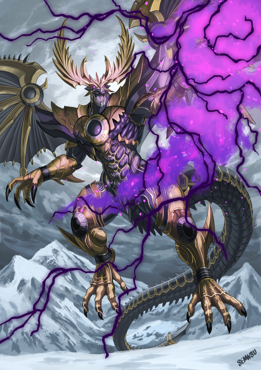 1boy claws dragon dragon_horns dragon_tail electricity energy glowing highres horn horns kamen_rider kamen_rider_kuuga kamen_rider_kuuga_(rising_ultimate_form) kamen_rider_kuuga_(series) large_wings looking_at_viewer male_focus no_humans no_pupils open_mouth purple_eyes scales sennsu shoulder_armor solo tail western_dragon wings